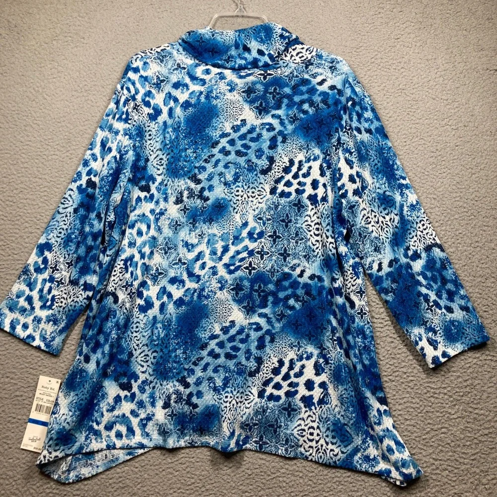 Ruby‎ Rd Tunic Top Womens XL Blue Animal Paisley Cowl Neck 3/4 Sleeve Sharkbite
